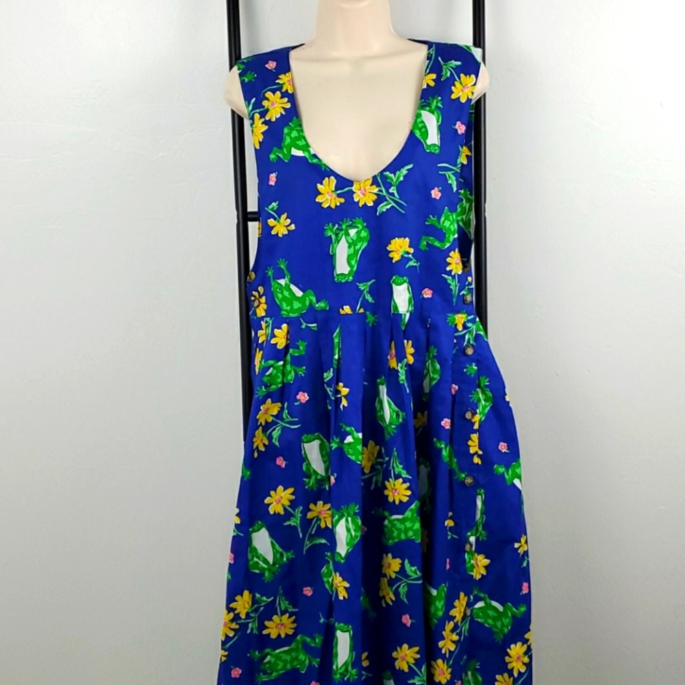 Vintage Manor House Frog Print Maxi Dress M Blue V Neck Button